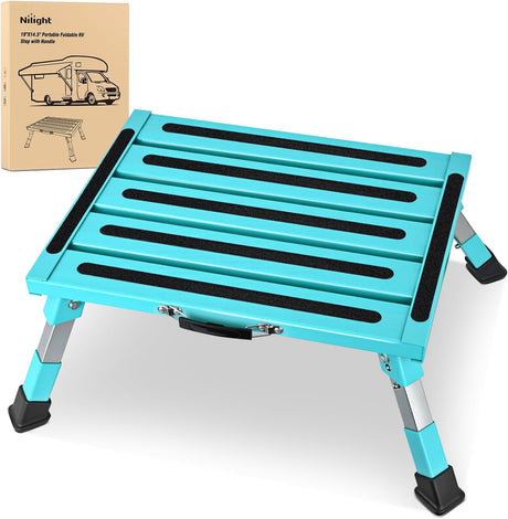 RV Step Stool Aluminum Folding Platform Steps 19x14.5 RV Steps 4 Levels Adjustable Heavy Duty Step Stool with Anti-Slip Surface Rubber Feet Portable Handle 500lb for Camper Trailer,Mint Green