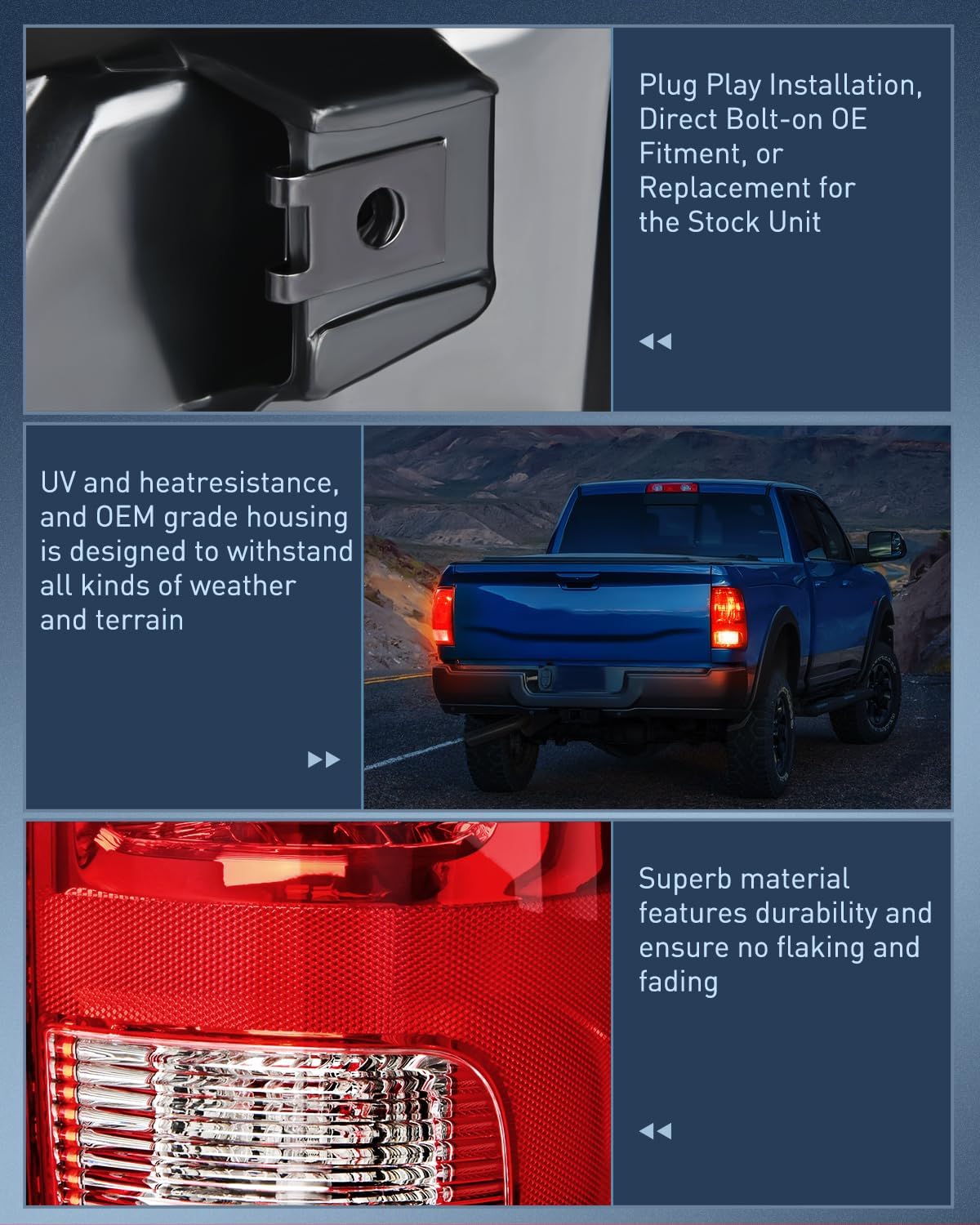 Headlight and Taillight Assembly Combo Compatible with 2009 2010 2011 2012 2013 2014 2015 2016 2017 2018 Dodge Ram for Quad Models Chrome Housing Amber Reflector with Red Housing Tail Light