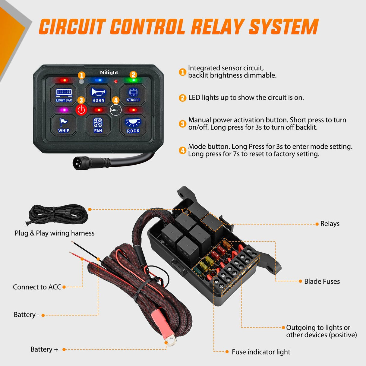 6 Gang Switch Panel Blue Circuit Control Relay System with Fuse Wiring Harness Toggle Momentary Strobe Flash Modes Automatic Dimmable ON Off Pod 12V 24V for Car Truck Camper SUV