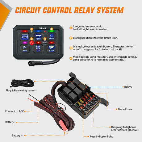 6 Gang Switch Panel Blue Circuit Control Relay System with Fuse Wiring Harness Toggle Momentary Strobe Flash Modes Automatic Dimmable ON Off Pod 12V 24V for Car Truck Camper SUV