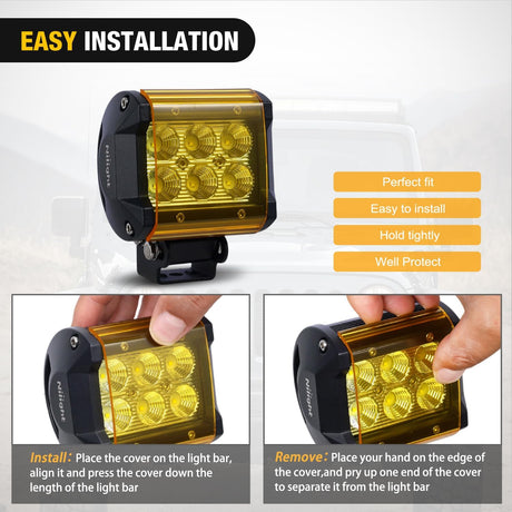 Light Bar Cover for 4 Inch LED Pods, 2 PCS Yellow Protective Durable Polycarbonate Lens Waterproof Dustproof Scratch-Proof for Double-Row Off Road Driving Lighting
