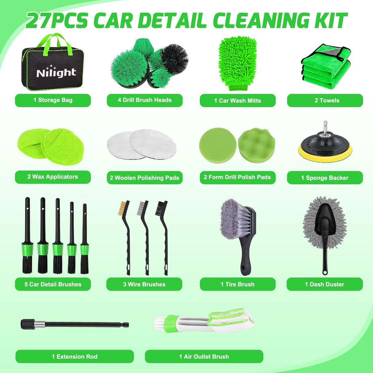 Automotive Tools 27PCS Car Detailing Kit Auto Cleaning Tools Wash Set with Storage Carry Bag Home Use for Interior Exterior Deep Clean Polish Car Care Windshield Dashboard Seat Air Vents Wheels Tires, Green