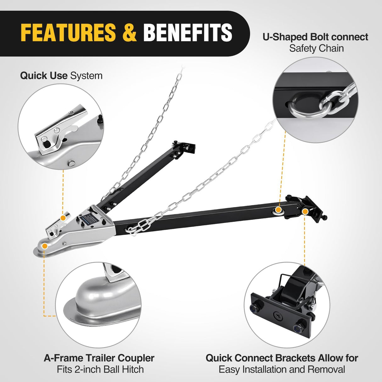 Tow Bar with Safety Chains, Coupler Fits 2-Inch Hitch Ball, 5500 lbs Towing Capacity, 41-in Opening Width, Bumper-Mounted Universal Towing Bar for RV, Car, Trailer, Truck, Alloy Steel