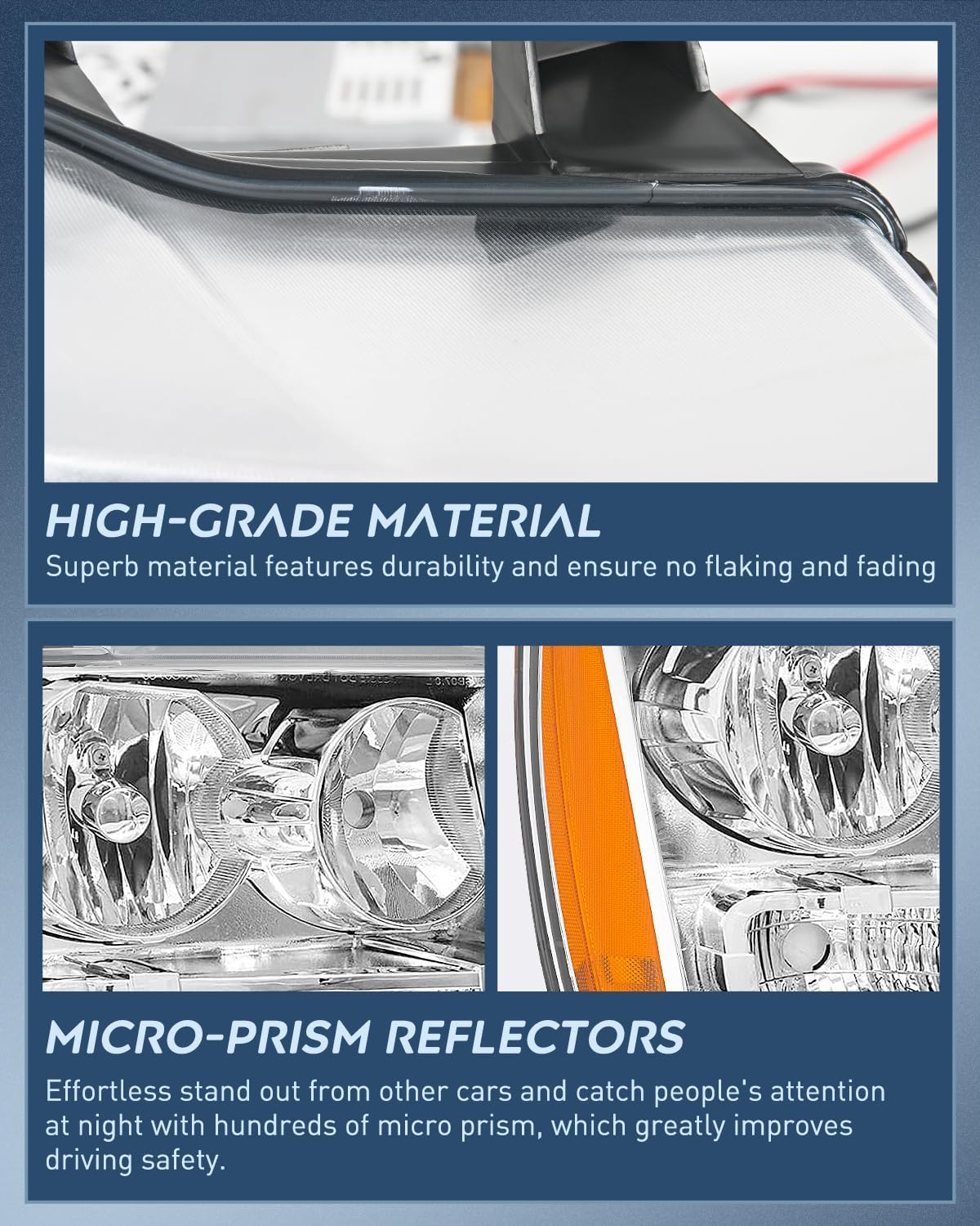 Headlight Assembly for 2007 2008 2009 2010 2011 2012 2013 2014 Chevy Avalanche Tahoe Suburban 1500 2500 Replacement Headlamp Bumper Lamp Set Chrome Housing Amber Reflector