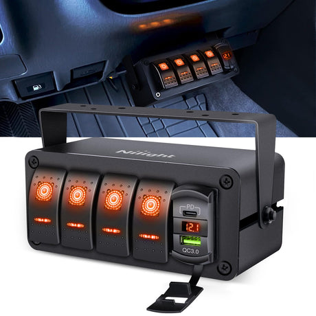 4 Gang Rocker Switch Box 12V SPST ON Off Toggle Switches PD Type C and QC 3.0 USB Sockcet Voltmeter LED Light Waterproof Aluminum Mount Bracket Panel DIY Stickers for Boat Car RV Truck