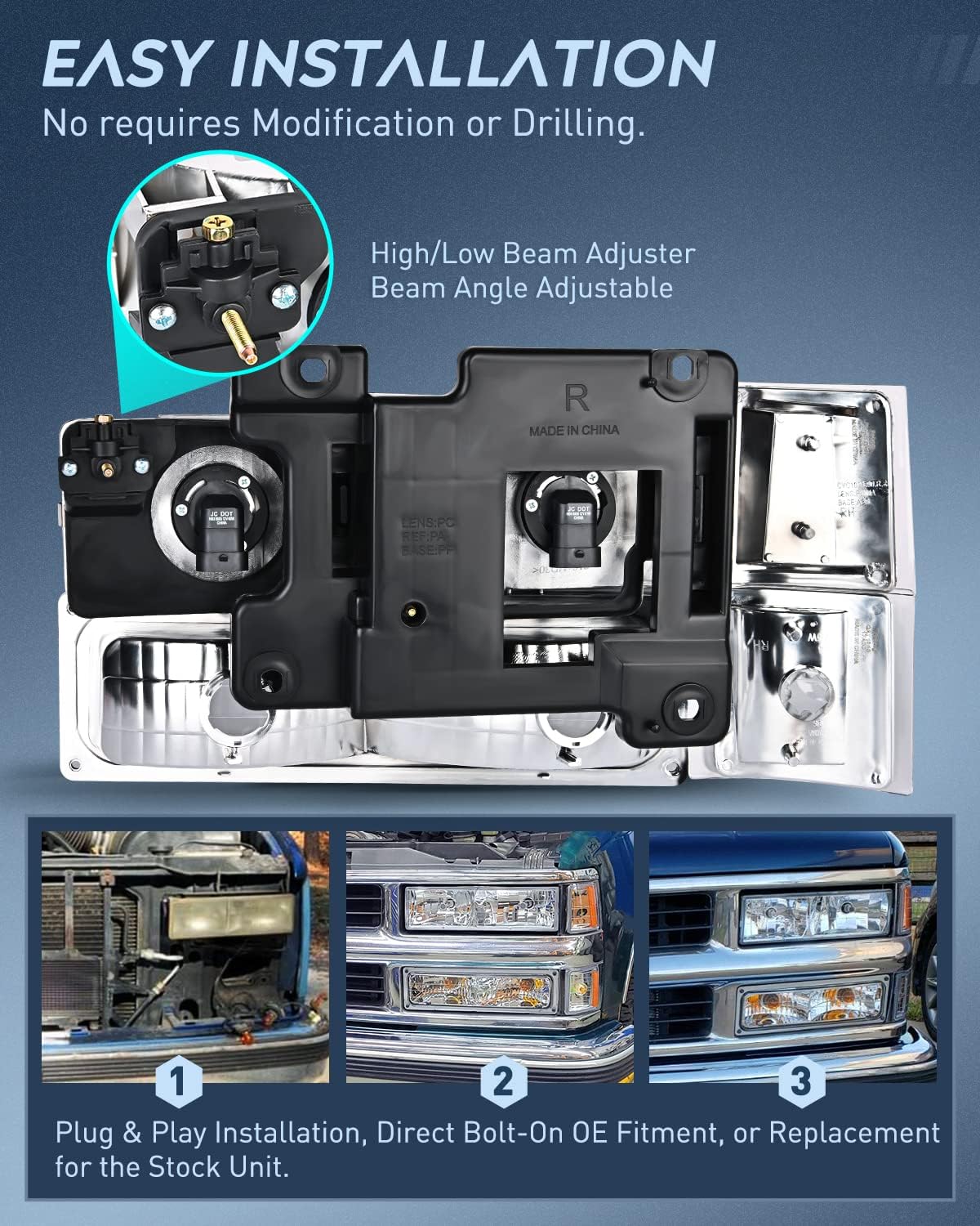 Headlight and Taillight Assembly Combo Compatible with 1994 1995 1996 1997 1998 Chevy Silverado Tahoe Suburban C10 C/K 1500 2500 3500 Tail Light Chrome Housing Clear Reflector Bumper Lamp