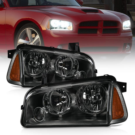 Headlight Assembly Compatible with 2006 2007 2008 2009 2010 Dodge Charger Smoke Housing Amber Reflector Clear Lens Headlights Replacement Bumper Lamp Set Driver and Passenger Side