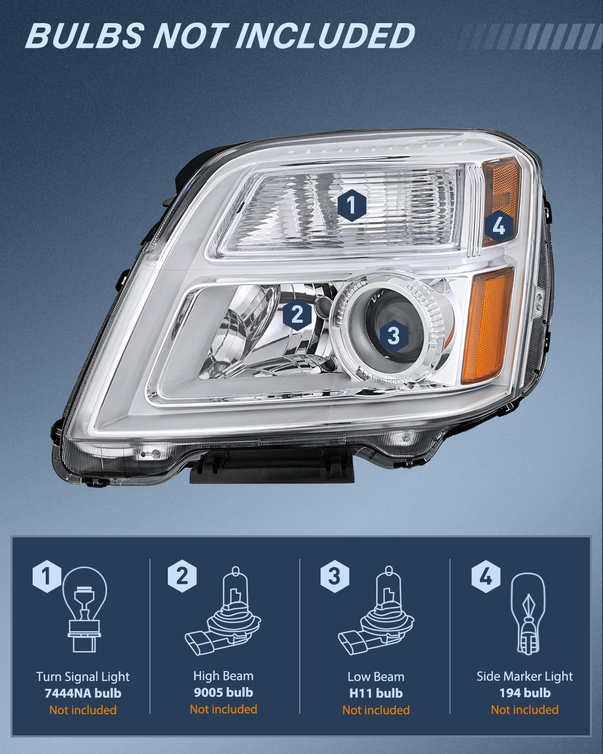 Headlight Assembly Compatible with 2010 2011 2012 2013 2014 2015 GMC Terrain Halogen Projector OE Style Replacement Headlights Chrome Housing Amber Reflector Headlamp Passenger and Driver Side