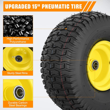 15x6.00-6 Lawn Mower Tire, 15 Inch Pneumatic Rubber Tire with 3/4 Inch Axle Bore & 3 Inch Hub Length, Air-Filled Replacement Wheel for Riding Lawn Mowers, 1 Pack