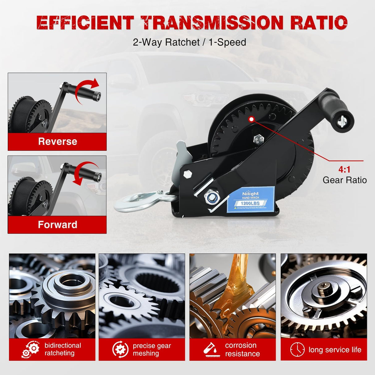 Boat Trailer Winch 1200 Lbs Hand Crank Winch Heavy Duty Boat Winches with 23Ft Strap Rope Hook 2-Way Ratchet 4:1 Gear Portable Marine Manual Winch for Trailers Boats RV ATV Jet Ski Towing