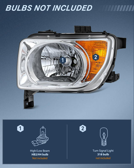 Headlight Assembly Compatible with 2003 2004 2005 2006 Honda Element OE Style Replacement Halogen Headlights Chrome Housing Amber Reflector Headlamp Passenger and Driver Side