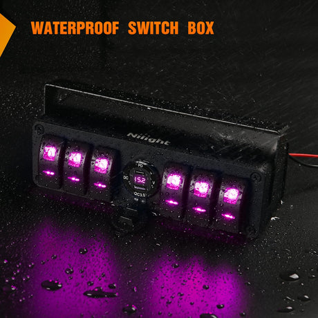 6 Gang Rocker Switch Box 12V SPST ON Off Toggle Switches PD Type C and QC 3.0 USB Sockcet Voltmeter Purple LED Light Waterproof Aluminum Mount Bracket Panel DIY Stickers for Boat Car RV Truck