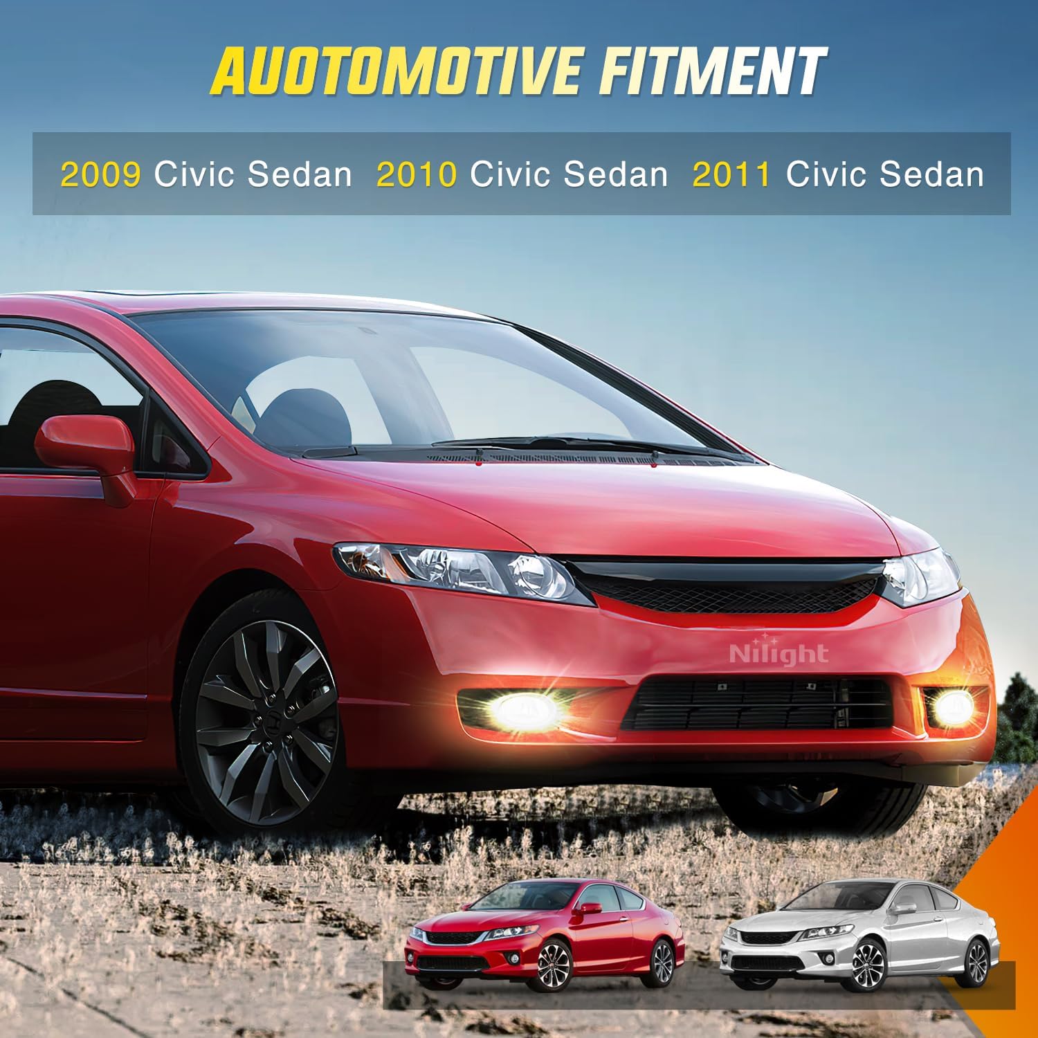 2009-2011 Honda Civic Sedan Fog Light Assembly Clear Lens H11 12V 55W Bulbs Nilight