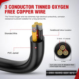 30FT 18AWG 3 Conductor Electrical Wire Tinned Oxygen Free Copper Red Black Yellow 3 Wires Parallel 600V DC Flexible PVC Case Extension Cords for LED Strips Lamps Lighting
