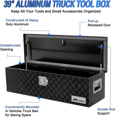 39 Inch Truck Tool Box Heavy Duty Aluminum Stripes Plated Pick Up Truck Bed Toolboxes 39 Inchx13 Inchx10 Inch Waterproof Storage Organizer for Bed of Truck RV Trailer with Side Handle Lock Keys, Black