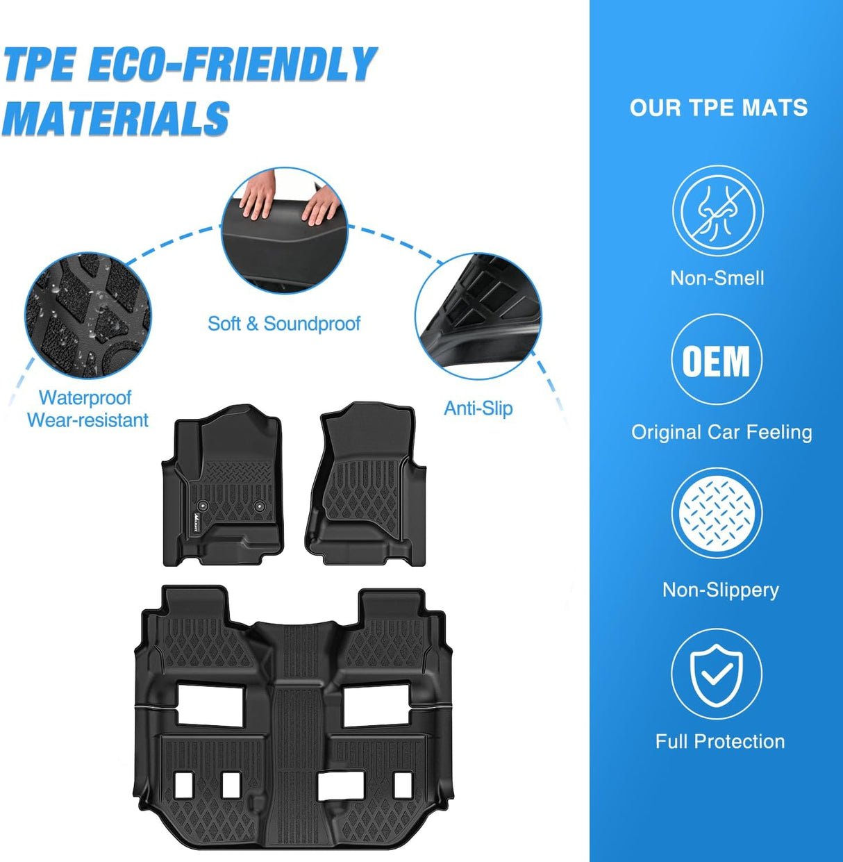 TPE Floor Mats for Chevy Chevrolet Suburban GMC Yukon XL Bucket Seats 2015 2016 2017 2018 2019 2020 All Weather Custom Fit Heavy Duty Floor Liners