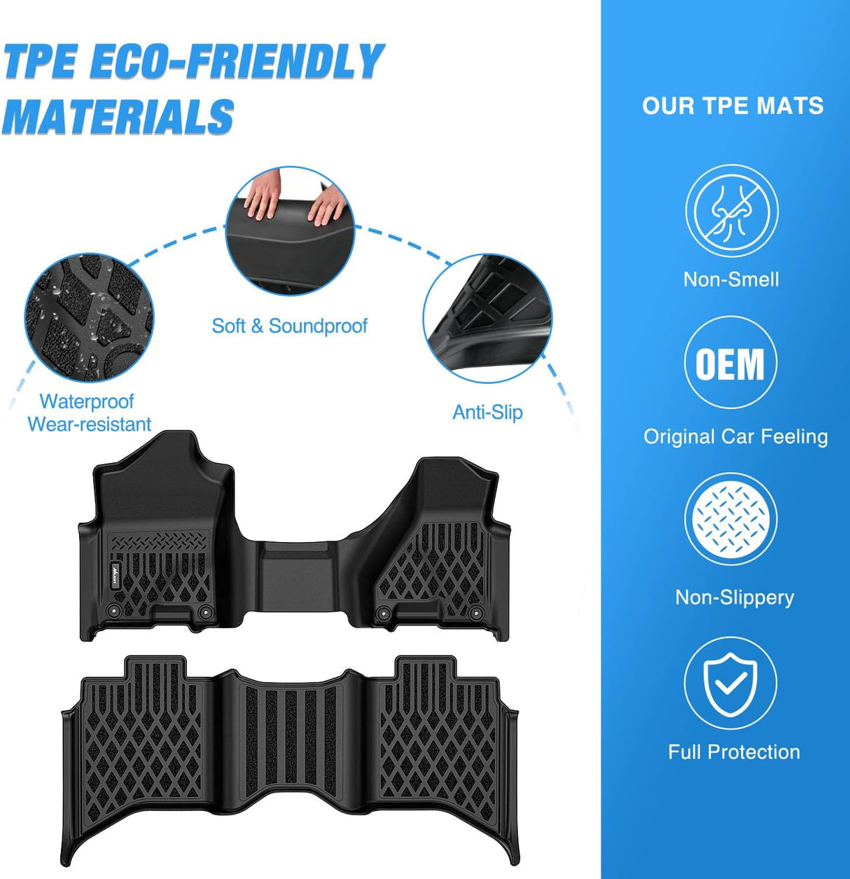 TPE Floor Mats for Dodge Ram 1500 2500 3500 Bench Seat Crew Cab 2013 2014 2015 2016 2017 2018 & Ram 1500 Classic 2019 2020 2021 2022 2023 2024 All Weather Custom Fit Heavy Duty Floor Liners