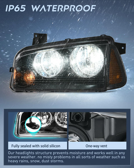 Headlight Assembly Compatible with 2006 2007 2008 2009 2010 Dodge Charger Black Housing Amber Reflector Clear Lens Headlights Replacement Bumper Lamp Set Driver and Passenger Side