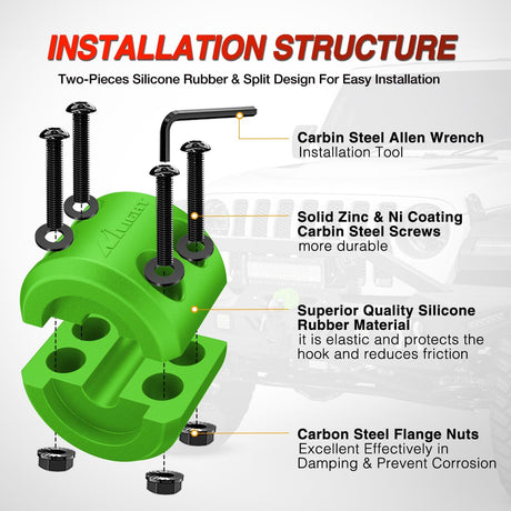 Winch Stopper for ATV UTV Truck SUV Winch Cable Hook Rubber Stopper 2 Pack Protect Towing Hook Synthetic Rope Winch Accessories Rope Line Saver with Stainless Steel Screws Allen Wrenc, Green