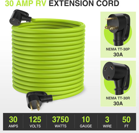 50FT 30 Amp RV Extension Cord 125V Heavy Duty 10/3 Gauge Pure Copper STW Wire UL ETL Listed 3 Prong TT-30P TT-30R Weatherproof Suit for Camper Caravan Trailer Bright Green