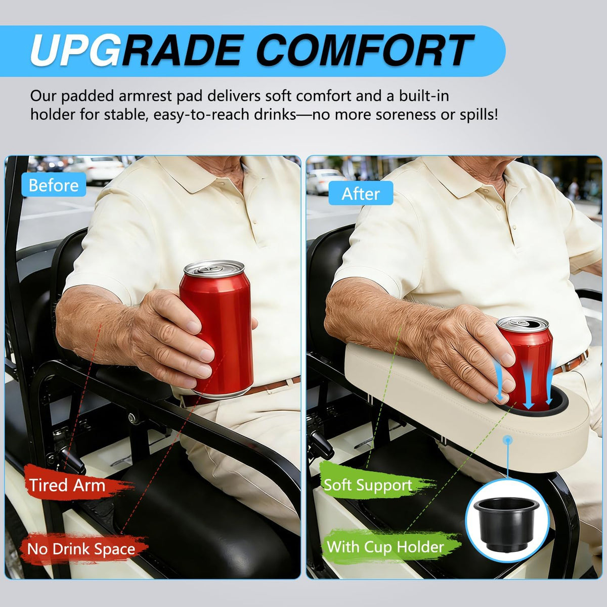 Golf Cart Armrests 2PCS Beige Flip Stand Cup Holder | No Drilling Detachable PU Leather Armrest with Iron Bracket Fits 1 Inch Square Tubes for EZGO Club Car Yamaha Rear Seat