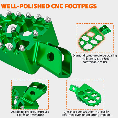 Motorcycle Foot Pegs Dirt Bike Footpegs Fit for Kawasaki KLX110 2002-2023 KLX110L 2010-2023 KX60 1998-2003 CNC Foot Pegs for Motorcycles Heavy Duty Aluminum Alloy Foot Rests, Green