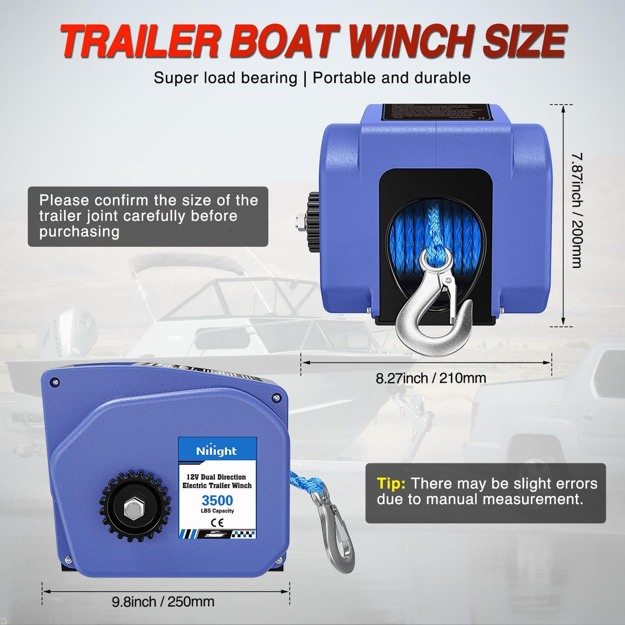 Boat Trailer Winch 3500 lbs Portable Electric Boat Winches 12 V DC Marine Winch with Synthetic Rope Remote Control Hand Crank Power-in Freewheel Waterproof Winch for Boat Trailer Towing, Blue