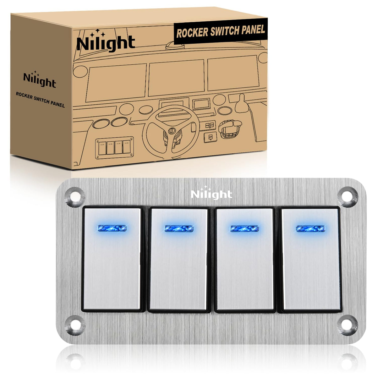 4Gang Aluminum 3Pin ON/Off Blue Led Rocker Switch Panel – Nilight