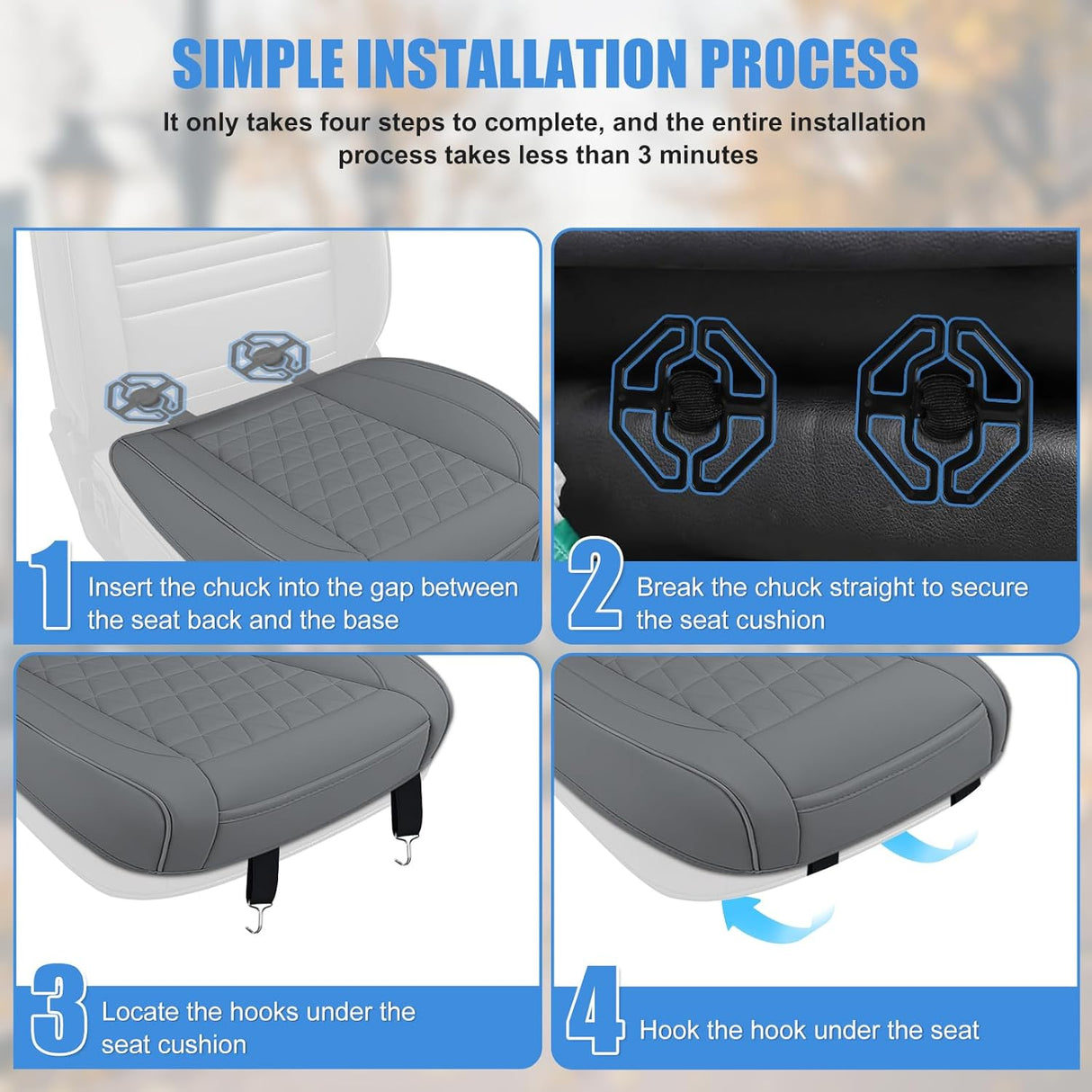 Car Seat Cushion Cover Gray Leather Front Seats Waterproof Anti-Slip with Storage Bag Wraps Bottom Fits Cars Sedan Van SUV Truck