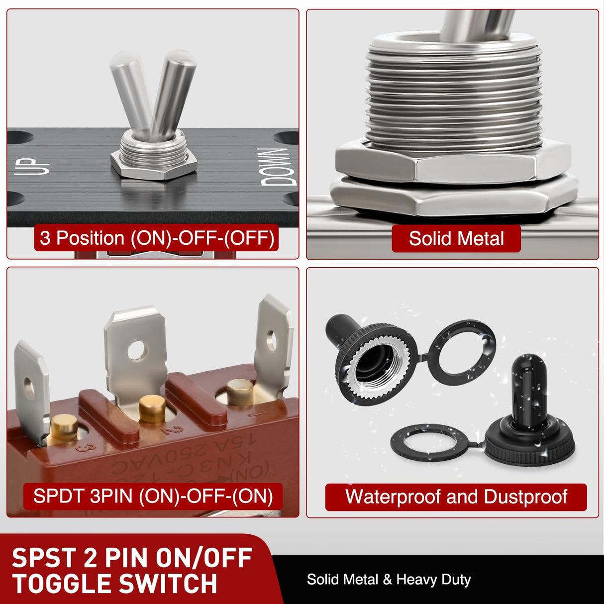 Heavy Duty Momentary Toggle Switch Waterproof 3 Pin 3 Position (ON)-Off-(ON) SPDT 12V DC 30A with Up-Down Mounting Panel and Weatherproof Cap Cover for Auto Car Marine Boat Automotive