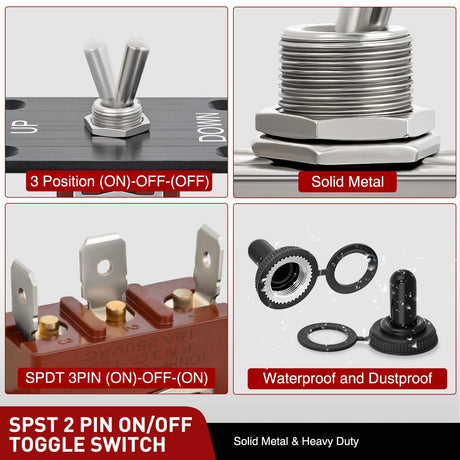 Heavy Duty Momentary Toggle Switch Waterproof 3 Pin 3 Position (ON)-Off-(ON) SPDT 12V DC 30A with Up-Down Mounting Panel and Weatherproof Cap Cover for Auto Car Marine Boat Automotive