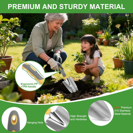 Gardening Tools 10-Piece Heavy Duty Garden Tool Set Gardening Supplies Gifts for Women Men Gardening Hand Tool Kit w Non-Slip Ergonomic Handle, Garden Bag, Durable Gloves, Pruning Shears, Gray