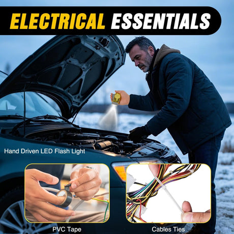 Car Emergency Kit with Jumper Cable Air Compressor Tire Repair Essential Tools First Aid Alligator Connector Electrical Kit for Travel Camping Outdoor Cars Truck SUV RV