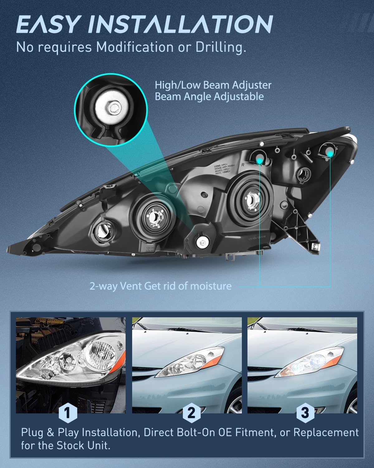 Headlight Assembly 2006-2010 Toyota Sienna Headlight Assembly Chrome Housing Amber Reflector Clear Lens