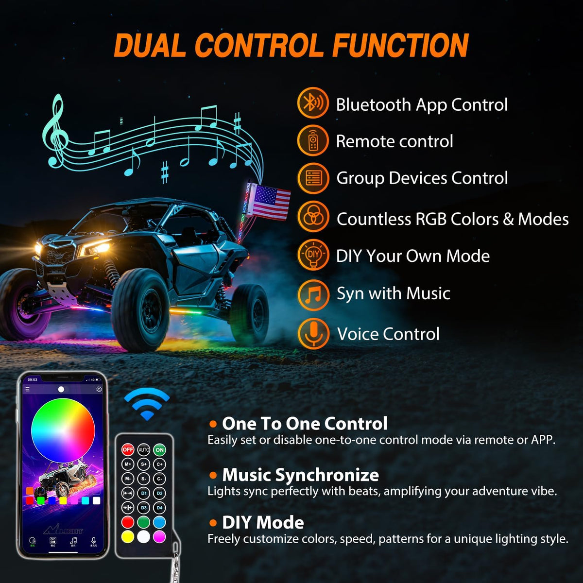 RGB LED Whip Light 1PC 3FT Spiral Antenna Whips | APP and Remote Control with DIY Chasing Patterns Brake Reverse Functions and Spring Base for ATV UTV RZR Can Am and Jeep