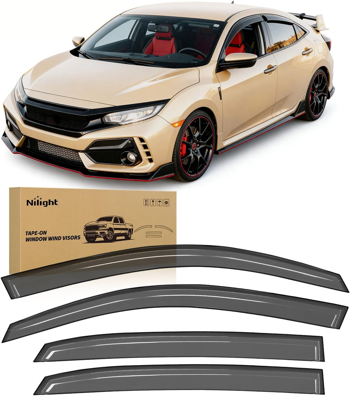 Tape-On Window Visors for Honda Civic Hatchback 2016-2021, 4PCS | Out-Channel Smoke Rain Guards, Helps Reduce Wind Noise, Fits Honda Civic Hatchback 2016 2017 2018 2019 2020 2021