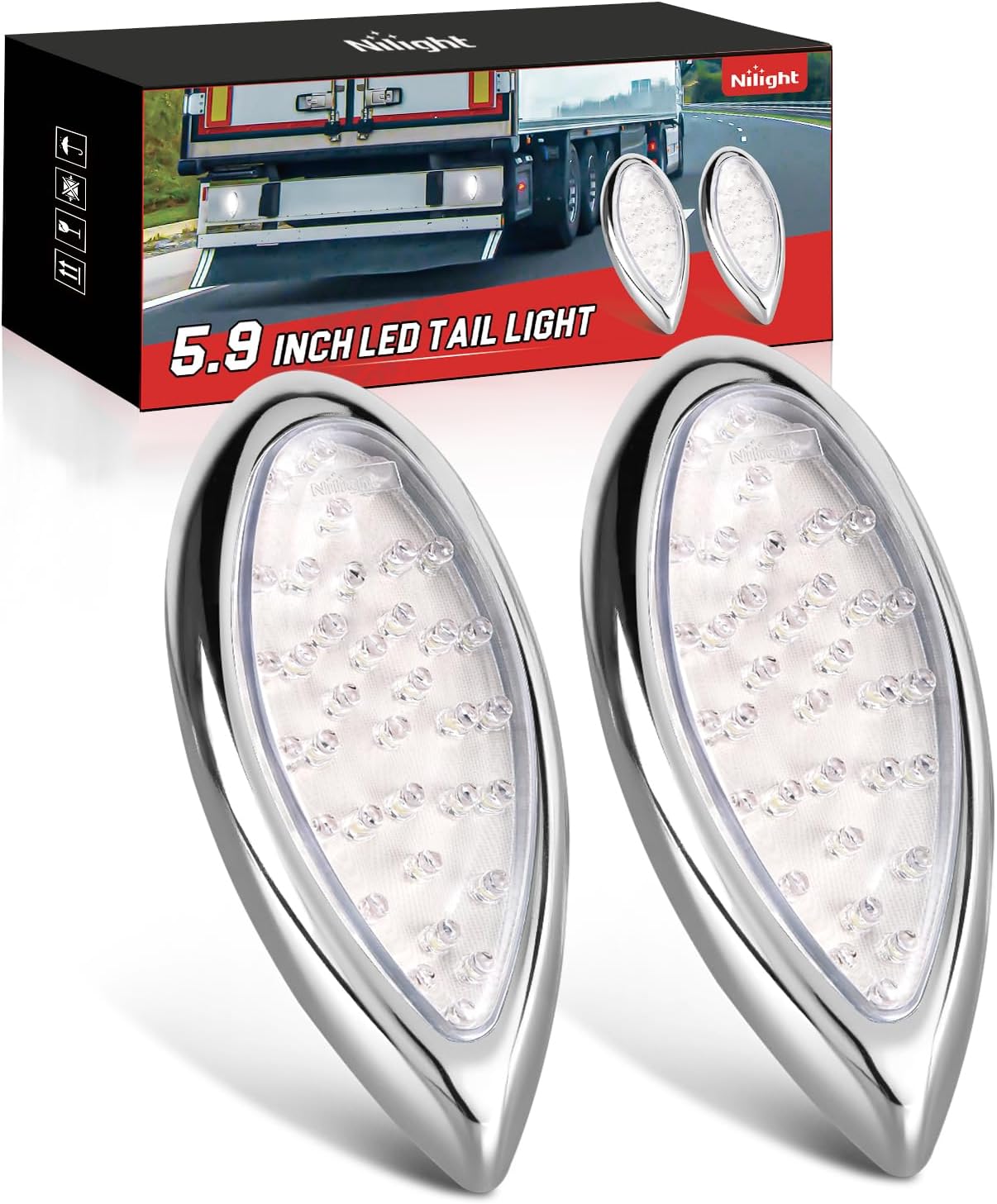 Trailer Tail Light 2PCS 5.9Inch Teardrop 35 LED White Chrome Bezel Marker Clearance Reverse Backup Running Taillight IP67 Waterproof for Trailer Truck Pickup Camper RV