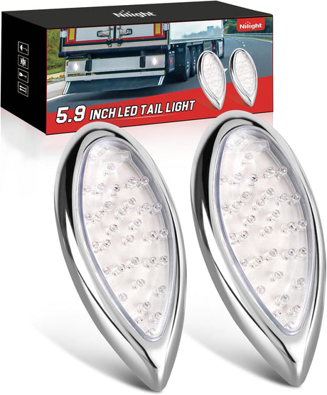 Trailer Tail Light 2PCS 5.9Inch Teardrop 35 LED White Chrome Bezel Marker Clearance Reverse Backup Running Taillight IP67 Waterproof for Trailer Truck Pickup Camper RV