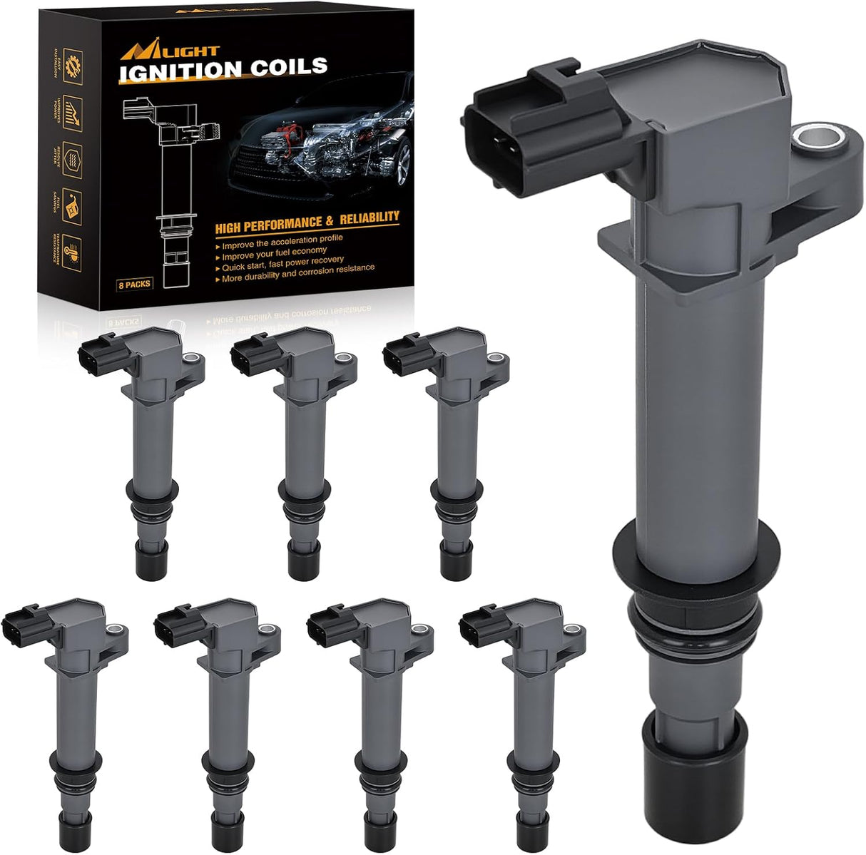 Ignition Coil Pack UF270 Fit for Dodge Ram 1500 Durango Dakota Jeep Commander Grand Cherokee Liberty Mitsubishi Raider Aspen 2002-2007 4.7L V8 3.7L V6 OE# UF297 UF399 Ignition Coils Set of 8