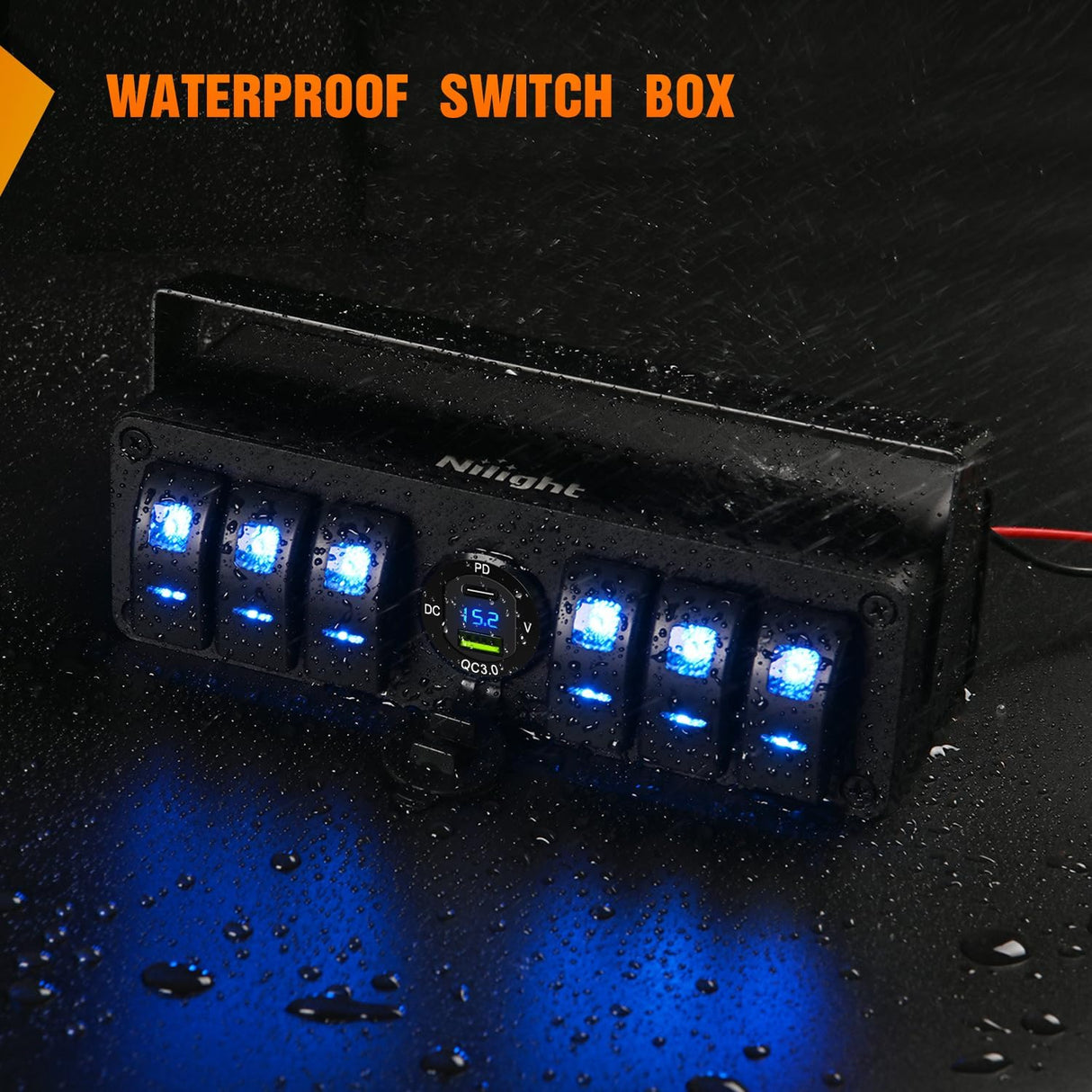 6Gang Aluminum 5Pin SPST Blue Rocker Switch Panel w/ PD Type C and USB Charger Voltmeter Nilight