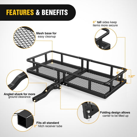 60 Inch x 24 Inchx 7.87 Inch Folding Carrier Fits 2-Inch Receiver 500 Lbs Capacity Bag Net Ratchet Straps Lock Stabilizer for SUV Pickup RV Van