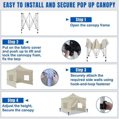 10x10 Pop Up Canopy Tent with 4 Sidewalls Portable Folding Outdoor Canopy Easy Setup Gazebo Waterproof Instant Shelter Tent w Wheel Carry Bag sandbag for Events Parties Camping, Khaki Brown