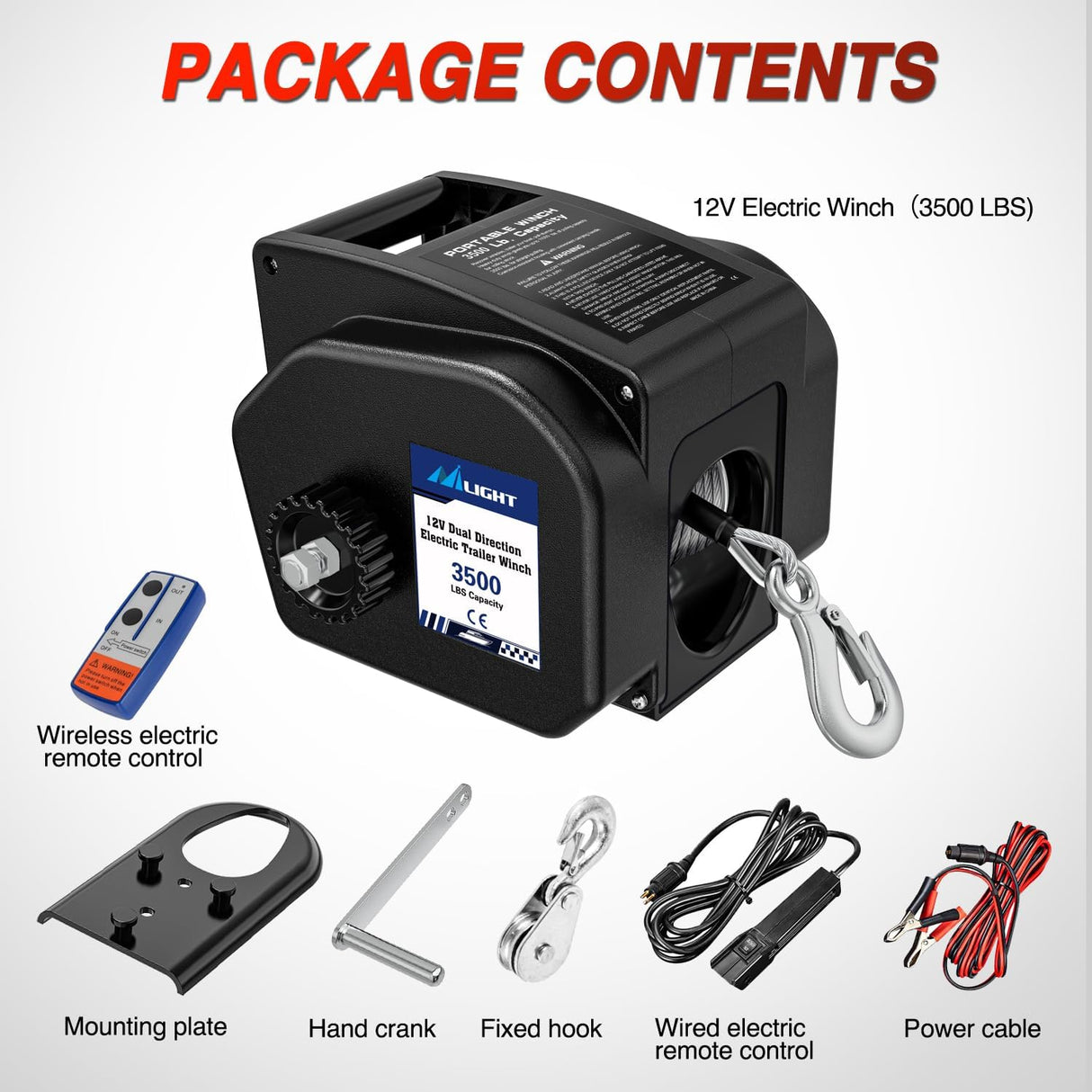 Boat Trailer Winch 3500 lbs Portable Electric Boat Winches 12 V DC Marine Winch with Remote Control and Hand Crank Power-in Freewheel Operation Waterproof Reversible Winch for Boat Trailer