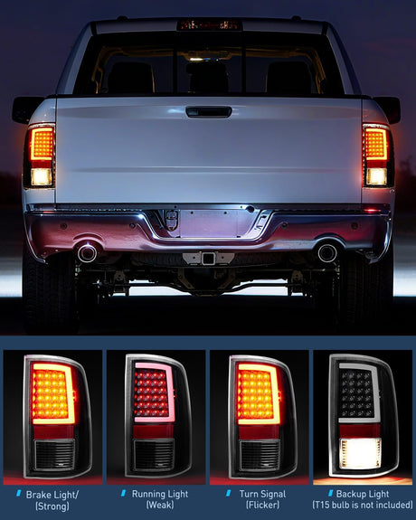 Taillight Assembly Compatible with 2009 2010 2011 2012 2013 2014 2015 2016 2017 2018 Dodge Ram 1500 2010-2018 Ram 2500 3500 Incandescent Type Upgrade LED Tube Tail Lights Rear Brake Lamps