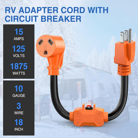 RV Power Adapter Cord with Circuit Breaker Overload Protector 15Amp to 30Amp Plug 110V Electrical 10 Gauge Wire ETL Listed 5-15P to TT-30R 15M/30F Waterproof for RVs Camper Caravan Van