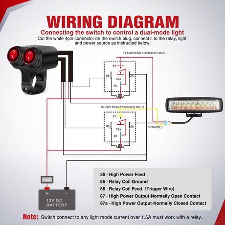 Motorcycle 7/8 Inch (22mm) Handlebar Switch Plug and Play 12V Waterproof On Off Push Button Dual Control for ATV UTV Driving Light Bar