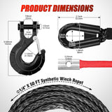 Winch Rope 1/4 Inch x 50 Ft Synthetic Winch Line Cable Kit Universal for ATV UTV Offroad Vehicle 10000 lbs Black Winch Line Ropes with Protective Sleeve+ Forged 35000lb Winch Hook+Safety Strap