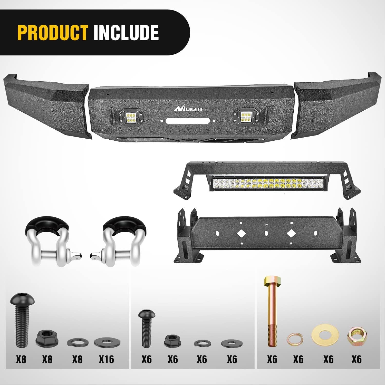 2014-2021 Toyota Tundra Front Bumper Full Width Steel with Winch Plate Offroad 120W Light Bar 18w LED Light Pods Nilight