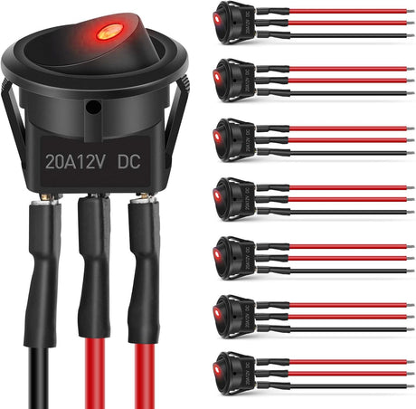 8PCS Round Rocker Switches 12V 24V 20A Red LED Toggle swtiches SPST with 16AWG Presoldered Wires 3Pin 2Position for Car Truck Vehicle Boat Marine Rocker On Off Control