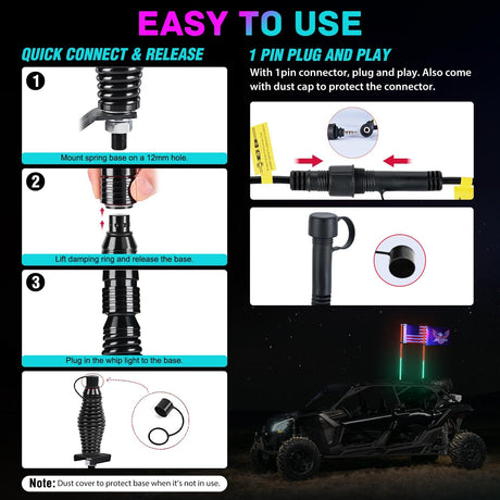LED Whip Light 2 PCS 3FT COB RGB Lighted Antenna Whips with Spring Base Remote & App Control DIY Patterns Turn Brake Reverse Lights for Can-am Offroad ATV UTV RZR Polaris Dune Buggy Truck